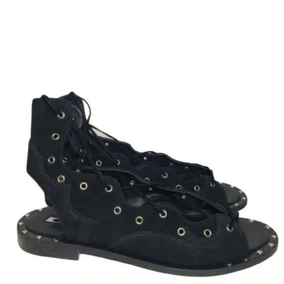 McQ Alexander McQueen Black Open Toe Lace Up Flats - Picture 6 of 12